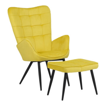 Πολυθρόνα με υποπόδιο Dorita βελούδο κίτρινο-μαύρο πόδι 68.5x76x103εκ