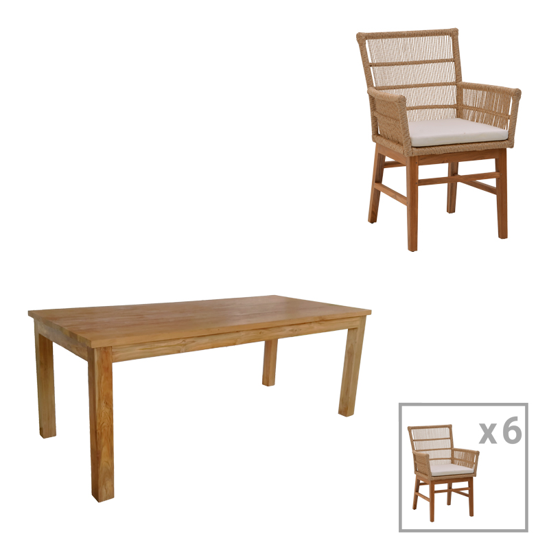 343-000054 Τραπεζαρία Inca-Wooly σετ 7τεμ σε φυσική-μπεζ απόχρωση 220x90x75εκ