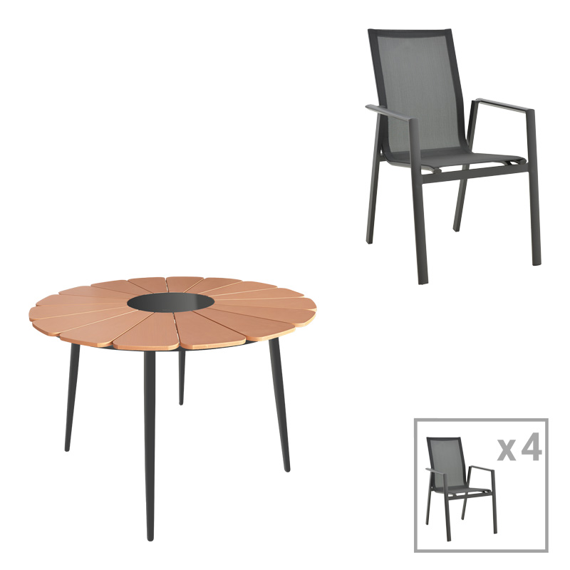 152-000100 Τραπεζαρία Pinap-Dashiell σετ 5τεμ μαύρο αλουμίνιο και plywood σε φυσική απόχρωση Φ110x74εκ