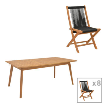 Τραπεζαρία 9 τεμ. Banou-Pino teak ξύλο σε φυσική - μαυρη απόχρωση 180/240x100x75εκ