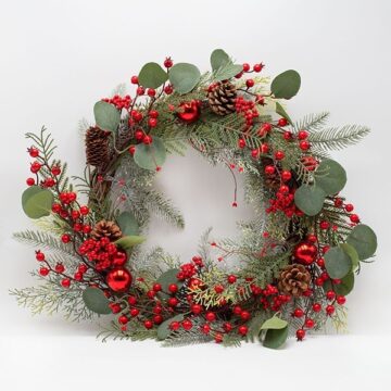 ΣΤΕΦΑΝΙ ΜΕ ΚΟΚΚΙΝΕΣ ΜΠΑΛΕΣ ΚΑΙ ΦΥΛΛΑ ΕΥΚΑΛΥΠΤΟΥ