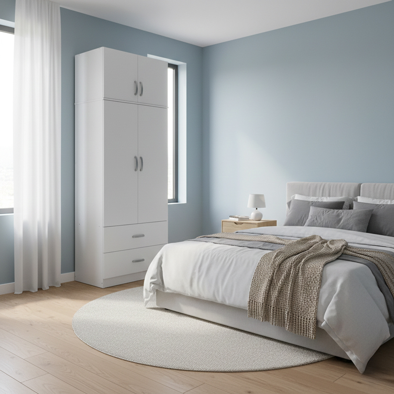 383-000080 Ντουλάπα δίφυλλη με 2 συρτάρια και πατάρι Lego σε λευκή απόχρωση 80x42x240εκ